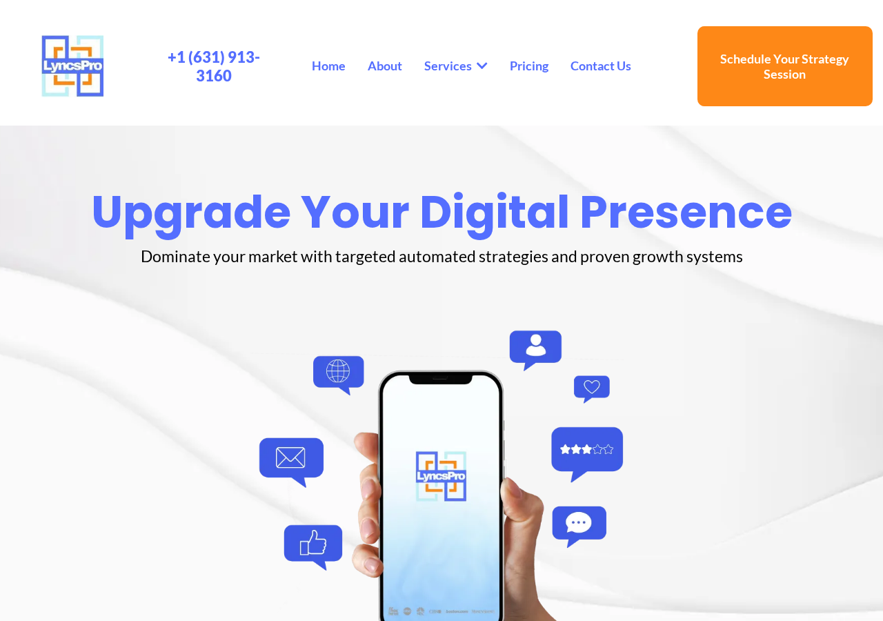 Lyncs Pro homepage with the Upgrade Your Digital Presence headline and a phone surrounded by review and social icons